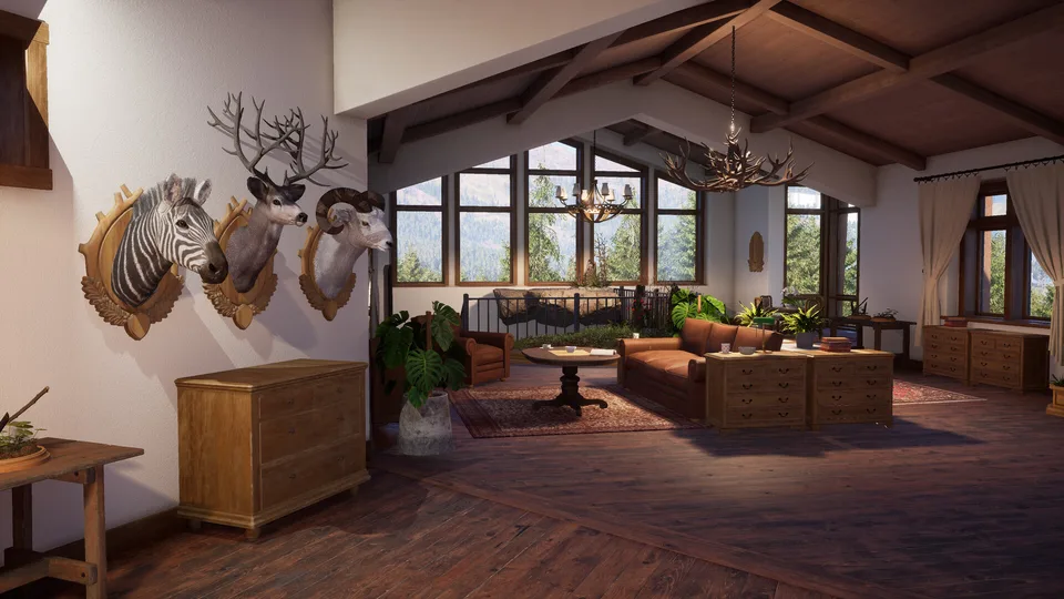 Lodge interior with several taxidermy mounts in Way of the Hunter 2