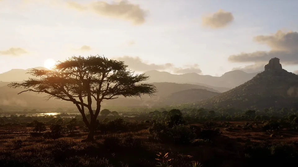 Kilimaya Reserve savanna with a lone acacia tree at dusk in Way of the Hunter 2