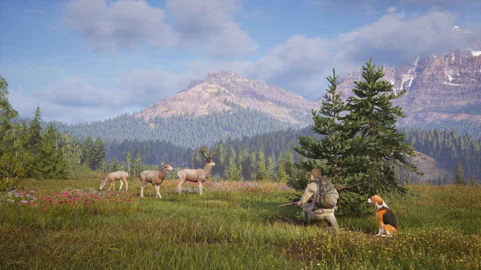 Hunter with a hunting dog standing near a downed red deer in Way of the Hunter 2