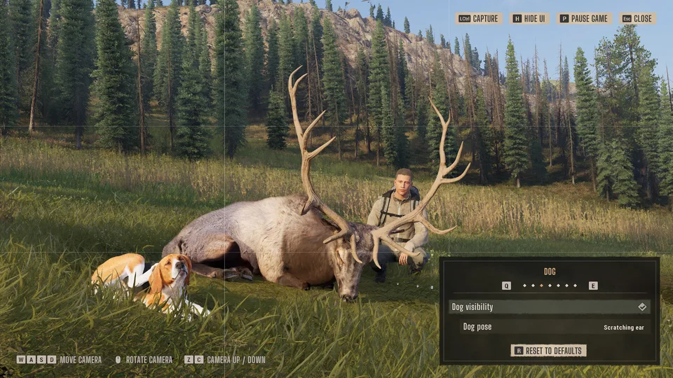Photo mode screen framing a harvested elk with a hunting dog in Way of the Hunter 2