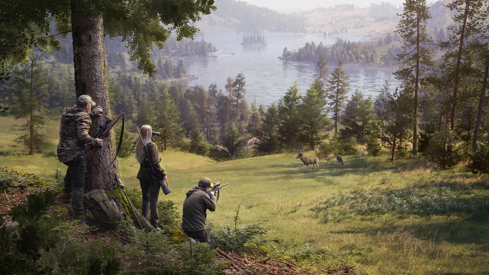 Official Way of the Hunter 2 key art: three hunters glassing a red deer herd across a forest lake